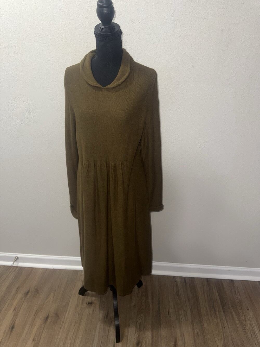 Boden Knit Sweater Dress US 14L Brown Olive Cowl Neck Long Sleeve Midi Cozy Fall